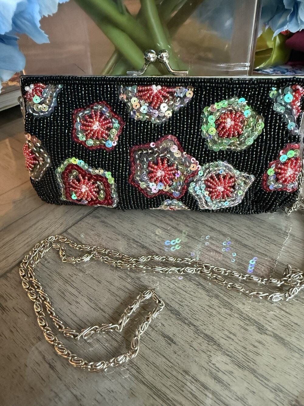 Max Mayer Beaded Sequin Clutch Purse Floral Kisslock Evening Bag NWT